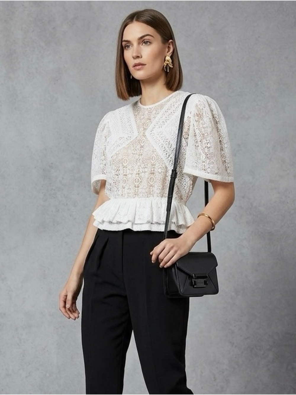 IRO
Steela Embroidered Lace Peplum Top
 White Lace Blouse with Peplum